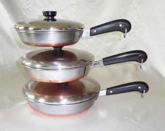 1801 Revere Ware Copper Clad 8 9 10 inch Skillet Fry Pans w all Lids, Clinton Ill USA & Process Patent Marks