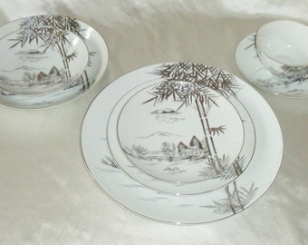 Kutani KUT250 Silver Bamboo Oriental Scene Fine China 73