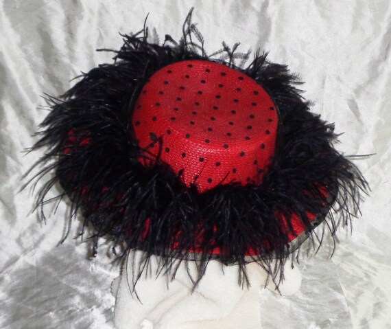 Black & Red Polka Dot Feather Hat, Vintage Mid Century 