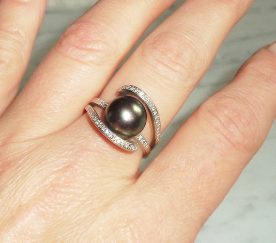 18kt White Gold Tahitian Pearl Diamond 2 Band Ring by Imperial Womens size 8 w Appraisal