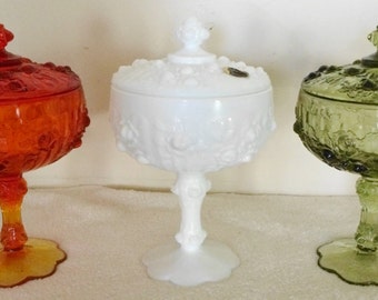 3 Fenton Cabbage Rose Flower Covered Pedestal Dish- Green, Persimmon & White
