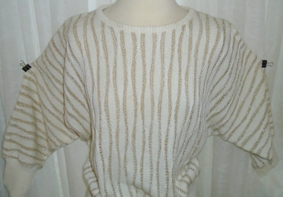 Vintage Vivante Size 14 Womens White & Gold 3/4 Sleeve Sweater Shirt