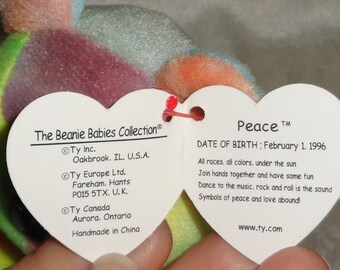 Ty Beanie Babies 1996 Peace the Bear Error Tags PE Pellets #6