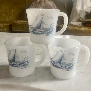 Currier & Ives Glasbake 3 Vintage White Milk Glass D Handle Coffee Mugs Cups w Blue Sailboat Ships Water Litho