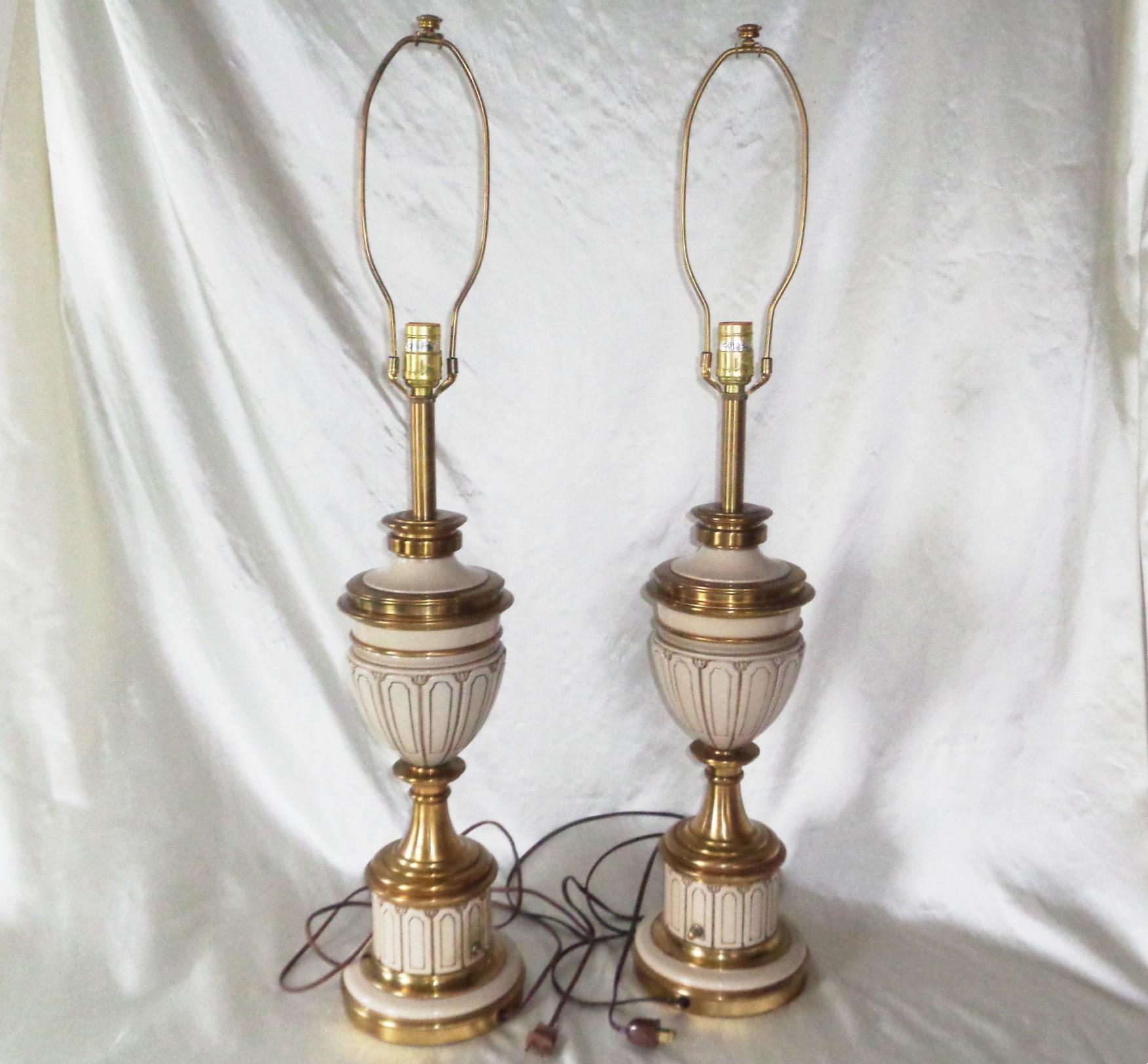 Stiffel Brass Enamel Urn Lamps: Mid Century Hollywood Regency Pair