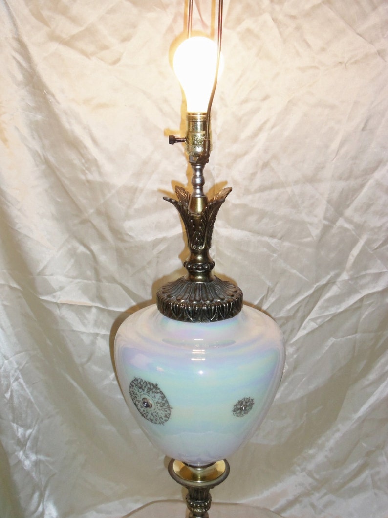 Iridescent Table Lamp w Metal Marble Base Vintage Hollywood Regency