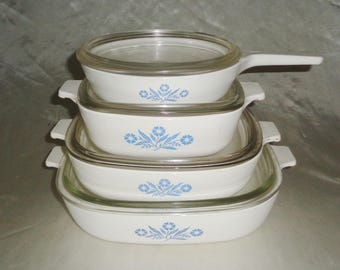 Corning Ware Vintage Blue Cornflower Square Casserole Dishes & Mini Skillet