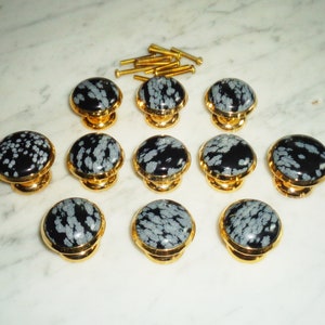 Poignées de porte de tiroir en pierre d&#39;obsidienne, laiton et flocon de neige, 1 3/8 po. Ensemble de 9 + 2 ~ 1 1/2 po.