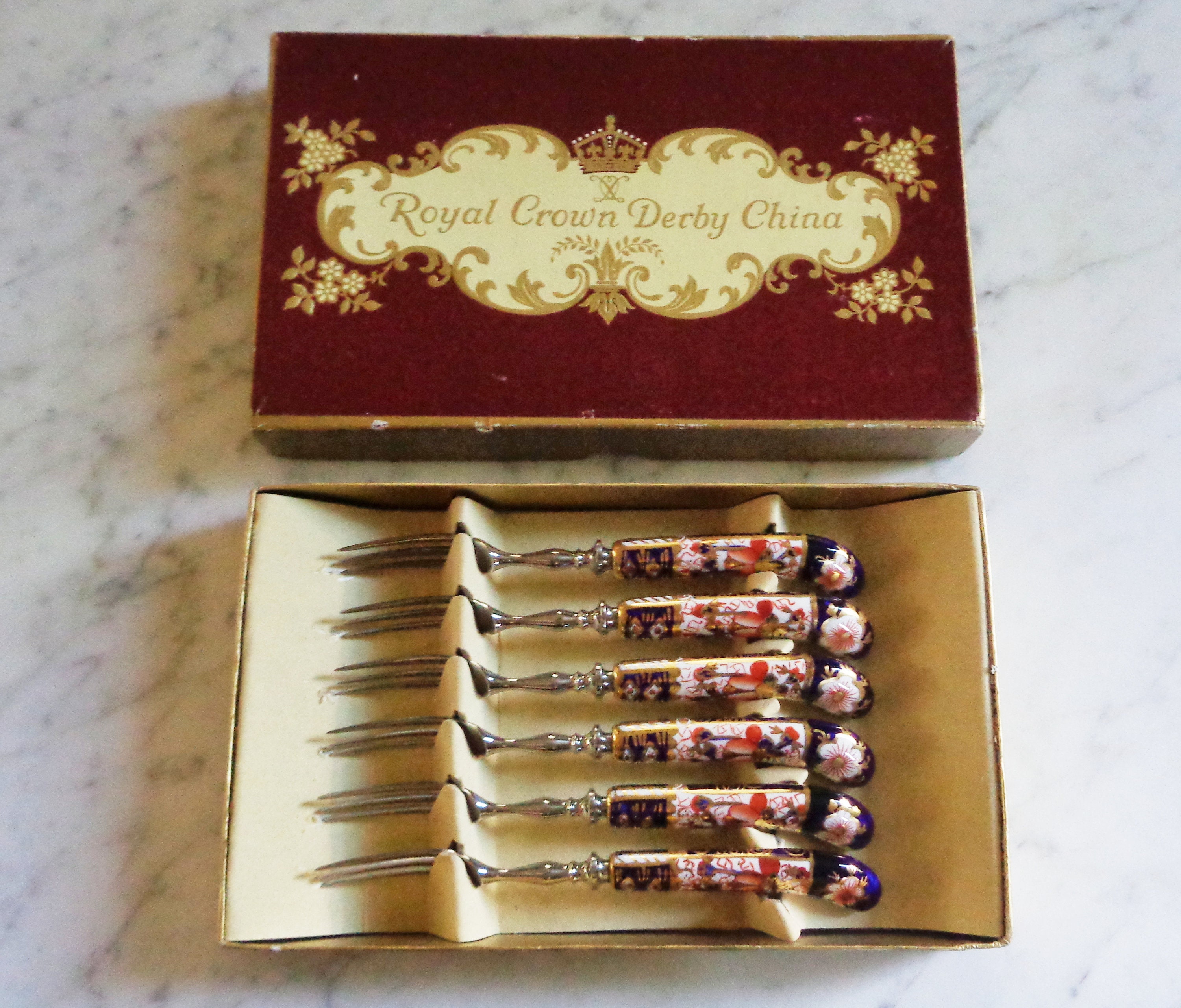 Royal Crown Derby China Traditional Imari 3 Prong Fruit Forks in