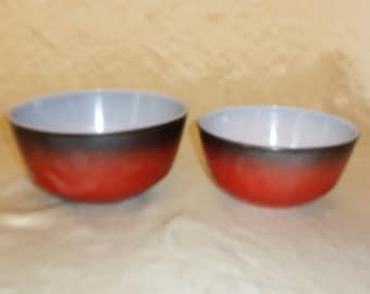 Anchor Hocking Fire King Red Black Hombre Mixing Bowls 7 1/4 & 8 1/2 inch Vintage