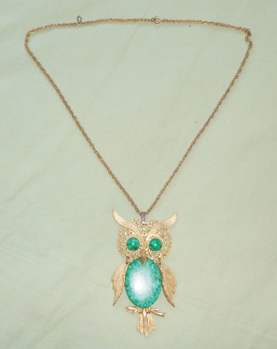 Owl Pendant Necklace w Turquoise Colored Stones V… - image 3