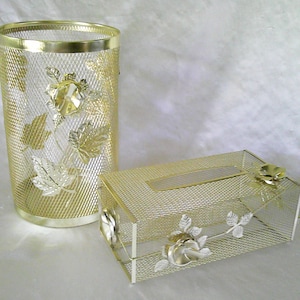Wire Metal Waste Basket & Matching Tissue Holder w Applied Floral Deco, Vintage Unsigned