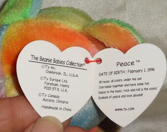 Ty Beanie Babies 1996 Peace the Bear Error Tags PE Pellets #5