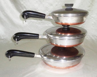 1801 Revere Ware Copper Clad 7 8 9 inch Skillet Fry Pans w all Lids, Clinton Ill USA