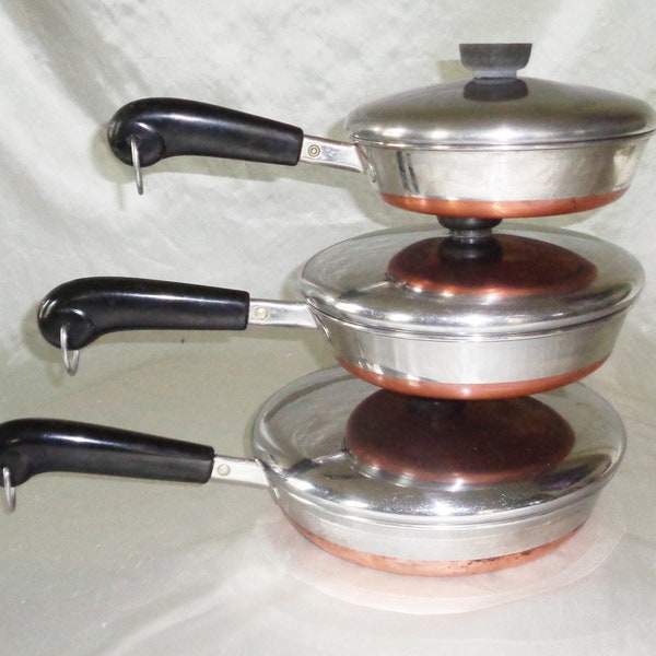 1801 Revere Ware Copper Clad 7 8 9 inch Skillet Fry Pans w all Lids, Clinton Ill USA