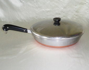 Copper Clad 1801 Revere Ware 12 inch Skillet Fry Pan with Lid Process Patent 2272609 2363973