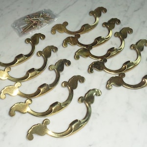 Brass Drop Bar Cabinet Door Drawer Pulls ~ Signed &quot;YK1393&quot; Set of 10 Vintage 5 inch