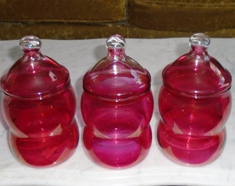 IMPERIAL Cranberry Glass Apothecary Jars w Lids Set of 3 Vintage