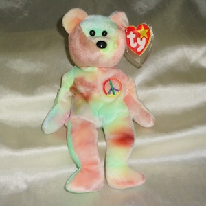 Ty Beanie Babies 1996 Peace The Bear ~ &quot;102&quot; Stamp Inside Butt Tag, Error Tags PE Pellets #1