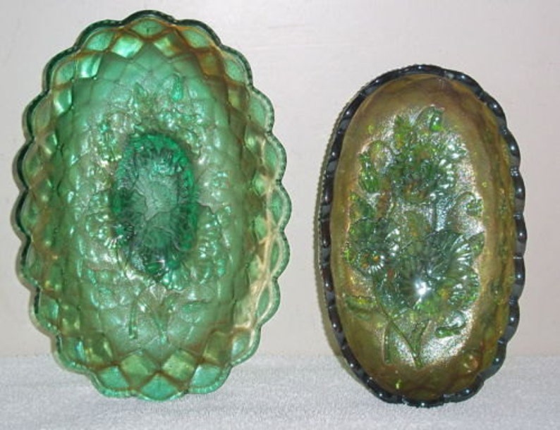 Imperial Carnival Green Pansy Glass Candy Dish Bowls Set of 2 Vintage