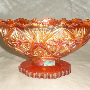 Imperial Marigold Iridescent Orange Carnival Glass 9 3/4inch Sawtooth Pedestal Dish Bowl Fancy Flowers