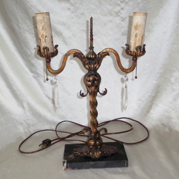 Candlestick 2 Arm Twisted Iron Rod, Marble Base, Pull String Table Lamp, Vintage MCM Hollywood Regency