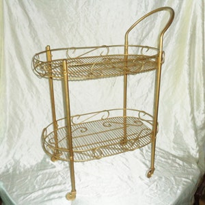 Oval Wheeled Tea Cart ~ Gold Iron Rod 2 Tier ~ Vintage Retro Mid Century Modern Sputnik