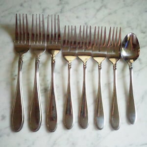 3 tenedores para cena, 4 tenedores para postre y ensalada y 1 cucharadita de Cambridge Stainless con diseño Evanston