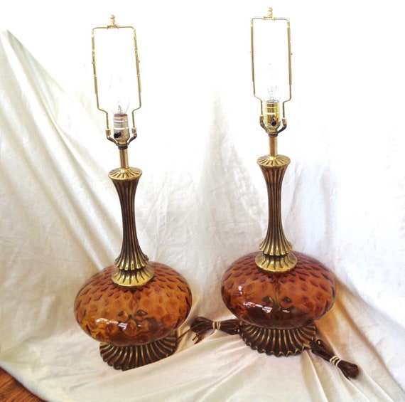 Murano Table Lamps Italian Art Glass Brass & Amber Optic Glass Set of 2 Vintage Mid Century Modern Murano Table Lamps Italian Art Glass Brass & Amber Optic Glass Set of 2 Vintage Mid Century Modern