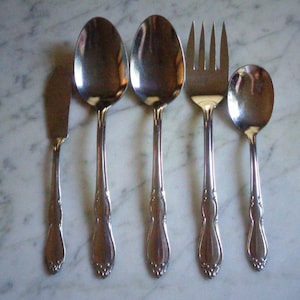 Homestead Simeon L George H Rogers Co Stainless Oneida Ltd Serving Spoons, Fork, Sugar Spoon and Master Butter