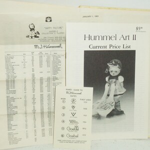 May include: A black and white price list for Hummel Art II figurines. The list includes a guide to identifying the different marks used on the figurines, along with the dates they were first used. The list also includes a photo of a girl figurine sitting on two geese.