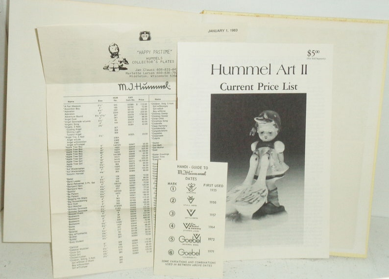 May include: A black and white price list for Hummel Art II figurines. The list includes a guide to identifying the different marks used on the figurines, along with the dates they were first used. The list also includes a photo of a girl figurine sitting on two geese.