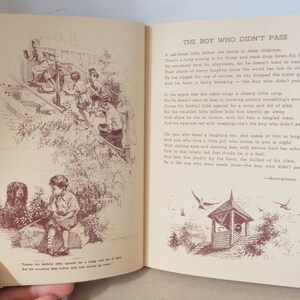 May include: A vintage illustration of a sad boy sitting alone with his dog. The text reads "The Boy Who Didn't Pass" and includes a poem about the boy's loneliness and the importance of kindness.
