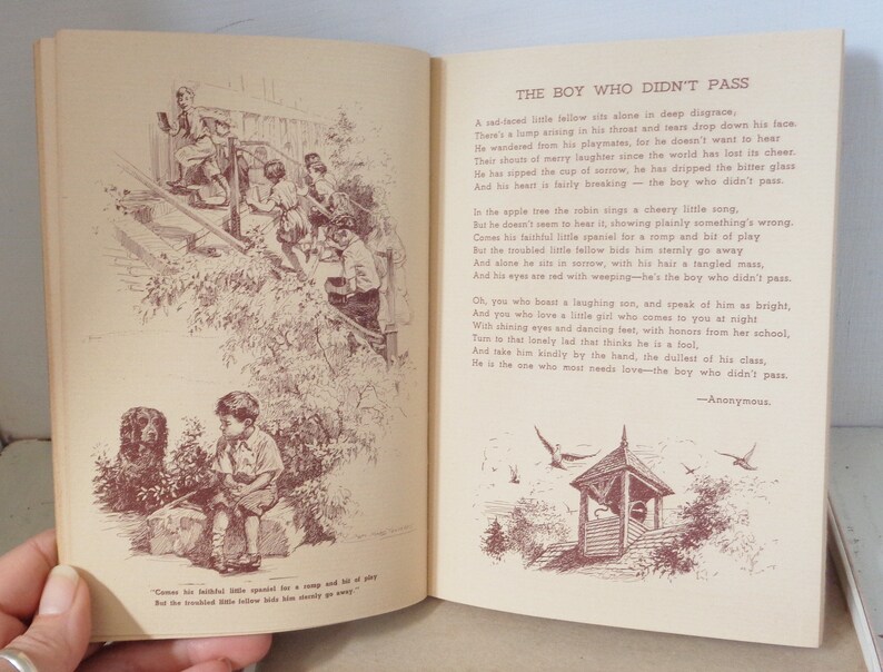 May include: A vintage illustration of a sad boy sitting alone with his dog. The text reads "The Boy Who Didn't Pass" and includes a poem about the boy's loneliness and the importance of kindness.