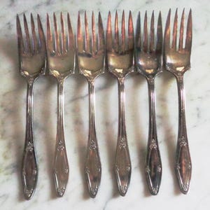 May include: Six silver forks with tines and ornate handles are arranged in a row. The forks have a classic design with a decorative pattern on the handle. The forks are made of a shiny, reflective metal.