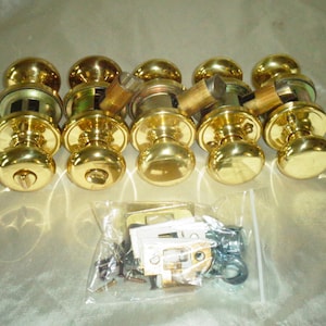 Carriage House Bright Brass Door Knob Handle Dummy & Locking Lock Sets, Set of 5 Vintage