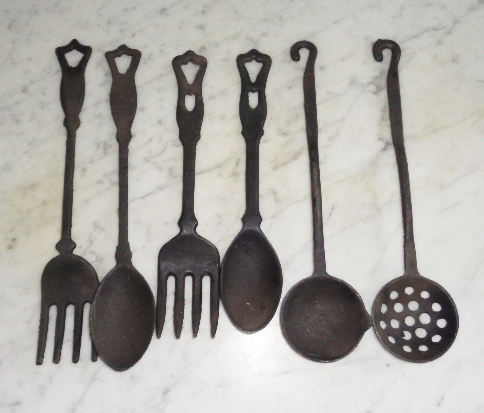 3 Vintage Cast Iron Metal 2 Piece Kitchen Spoon & Fork Utensil Sets 