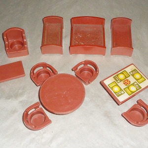 11pc Fisher Price Little People Brown Furniture Lot ~ Beds Chairs Tables, Vintage