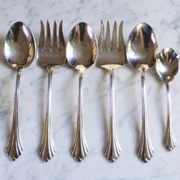 6pc Oneida USA Stainless Bancroft aka Fortune Meat Serving Forks & Serving Spoons + Shell Sugar Spoon