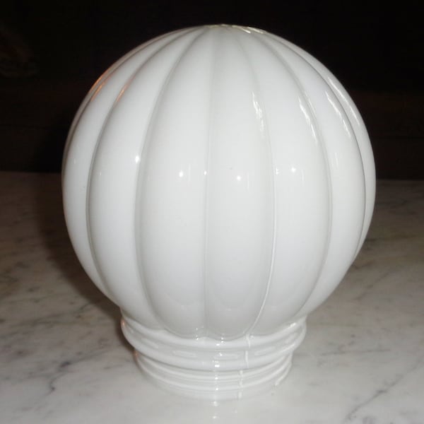 Vertically Ribbed White Vintage Glass Ball Globe 3 1/4" Threaded Fitter Rim