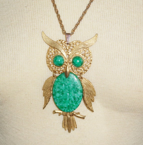 Owl Pendant Necklace w Turquoise Colored Stones V… - image 2