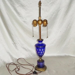 Antique Cobalt Blue Cut To Clear Bohemian Glass Dual Pull String Socket Table Lamp, Hollywood Regency