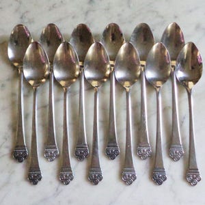 以下が含まれることがあります： 12本の銀色のスプーンのセット。各スプーンは楕円形のボウルと、基部に装飾的なデザインが施された長い柄を持っています。スプーンは、大理石のような明るい色の表面に並べられています。