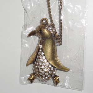 Penguin Pendent on 25 inch Brass tone Metal Chain, Clear Rhinestone Bling