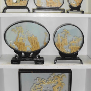 Chinese Japanse Cork Scene Wood Frame Pedestal Landschappen set van 6 Vintage