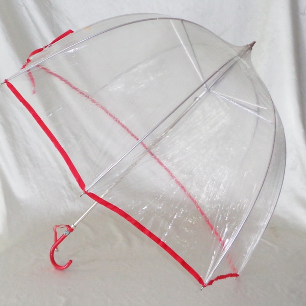 Dome Umbrella Parasol - Vintage Metal frame with Plastic Handle ~ Clear with Red Trim Design~ Made in Italy