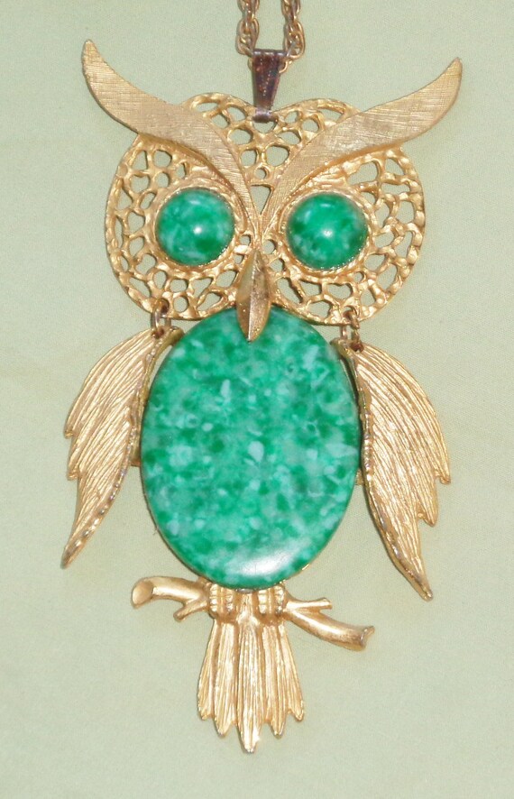 Owl Pendant Necklace w Turquoise Colored Stones V… - image 5