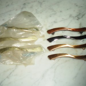 7 Ajax 4 1/4in Chrome, Brass & Copper Bowtie #542 Cabinet Door Drawer Pull Handles Vintage MCM