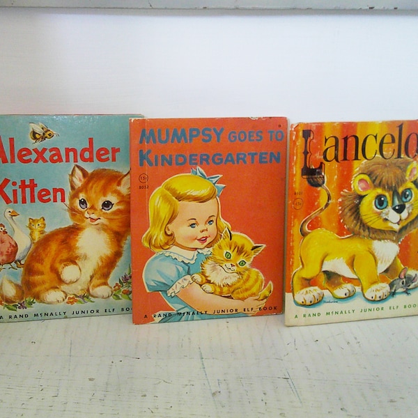 Rand McNally Junior Elf Books Alexander Kitten 8003, Lancelot 8105, Mumpsy Goes to Kindergarten 8052, 15c CP