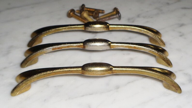 3 Vintage Mid Century Modern Atomic Brass Bow Tie Cabinet Drawer Pulls